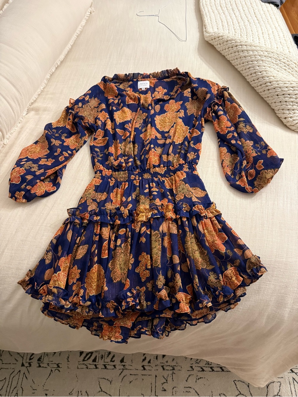 MISA Los Angeles Floral Ruffle Mini Dress XS Navy Orange Boho